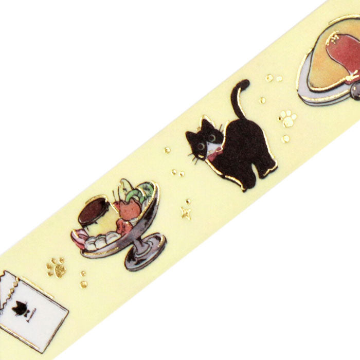 washi tape japonés amarillo de gatos y dulces con detalles dorados, cinta decorativa japonesa