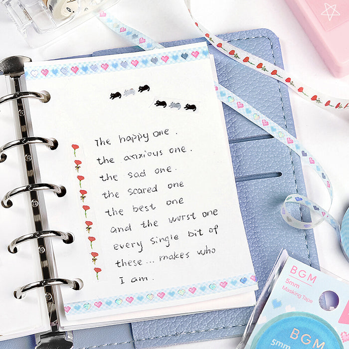 washi tape japonés de color azul y rosa con corazones retro de estilo pixel art