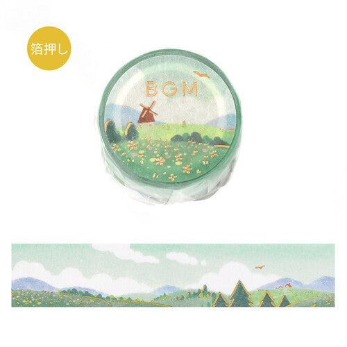 washi tape de japón con ilustración de primavera, campo verde con flores y molinillo de viento