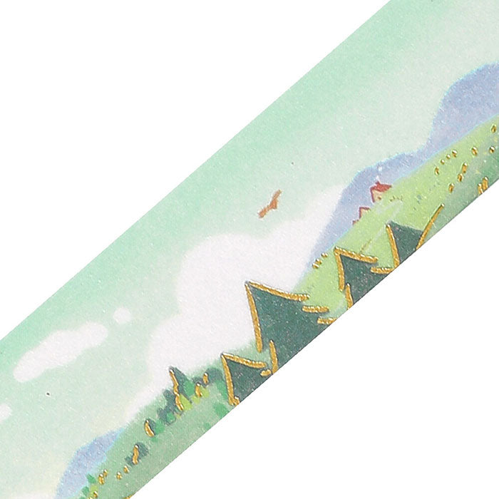 washi tape de japón con ilustración de primavera, campo verde con flores y molinillo de viento