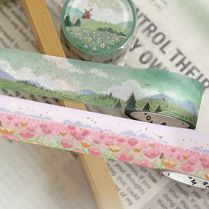 washi tape de japón con ilustración de primavera, campo verde con flores y molinillo de viento