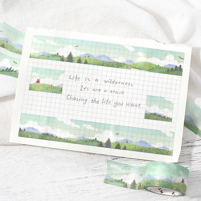 washi tape de japón con ilustración de primavera, campo verde con flores y molinillo de viento