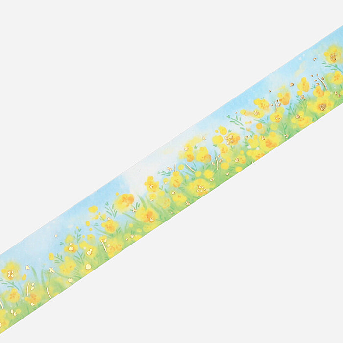 washi tape japonés primaveral y floral con flores amarillas y foil dorado