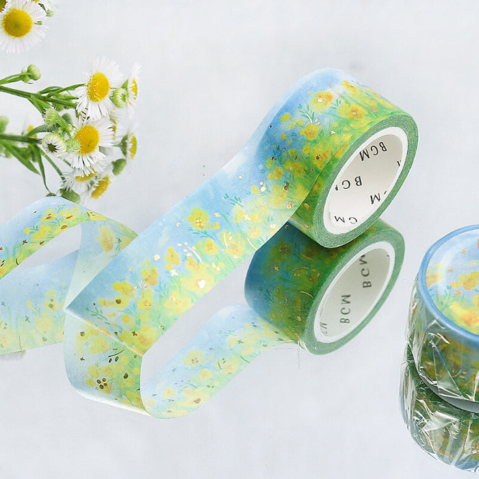washi tape japonés primaveral y floral con flores amarillas y foil dorado