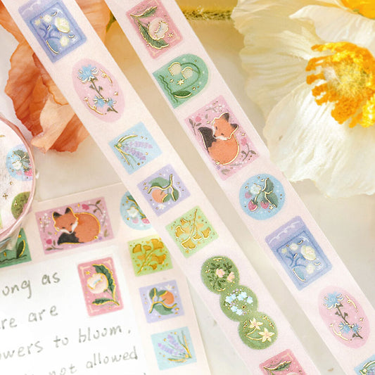 washi tape japonés estilo floral con animales y detalles dorados brillantes