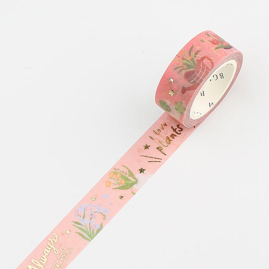 washi tape japonés de jardín con flores y plantas, fondo rosa y con foil dorado