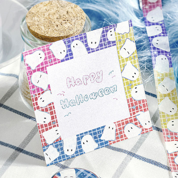 Washi tape aponés de fantasmas kawaii y colores con detalles plateados