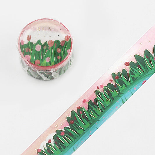 washi tape de japón con diseño floral de tulipanes rojos y rosas en un lago, con foil dorado