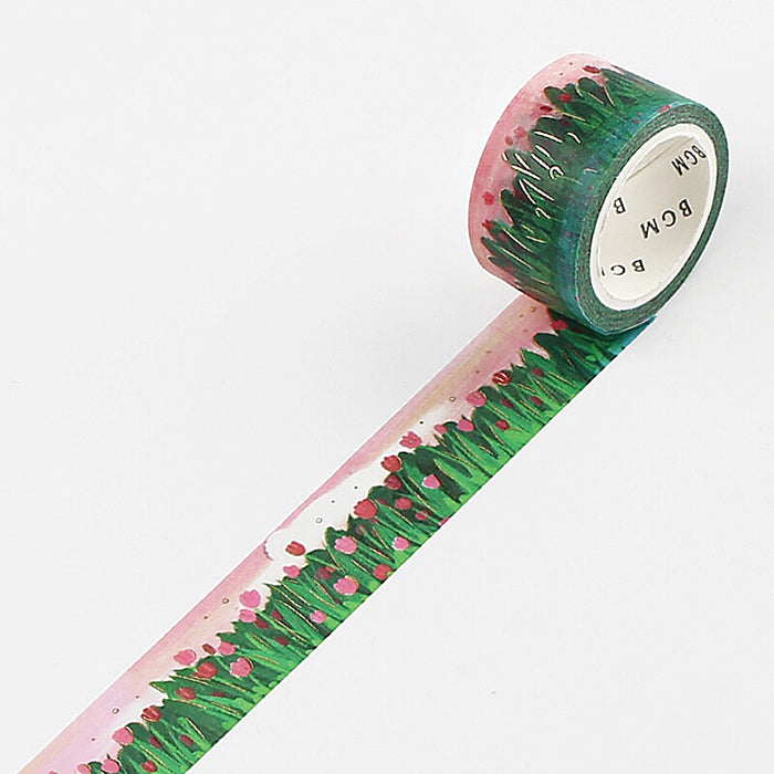 washi tape de japón con diseño floral de tulipanes rojos y rosas en un lago, con foil dorado