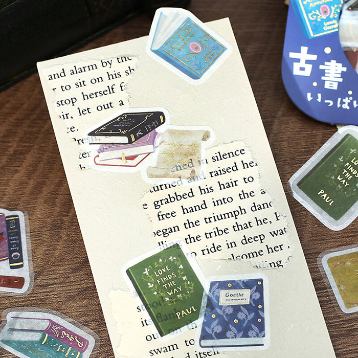 pegatinas japonesas bonitas con temática de libro y material de papel washi con detalles de foil dorado brillante