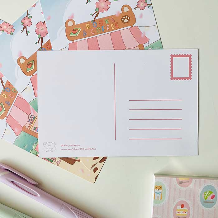 postal kawaii con diseño de cafetería y libros en un día de primavera, ilustración original de papelería bonita