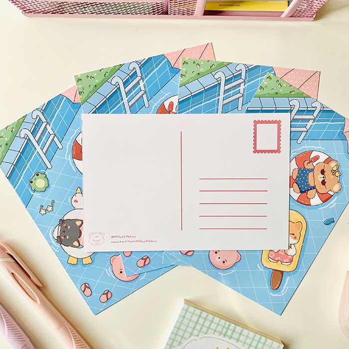 postal kawaii con diseño de de verano en la piscina, ilustración original de papelería bonita