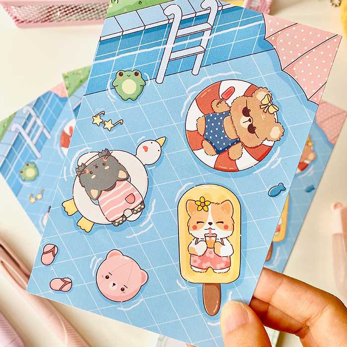 postal kawaii con diseño de de verano en la piscina, ilustración original de papelería bonita