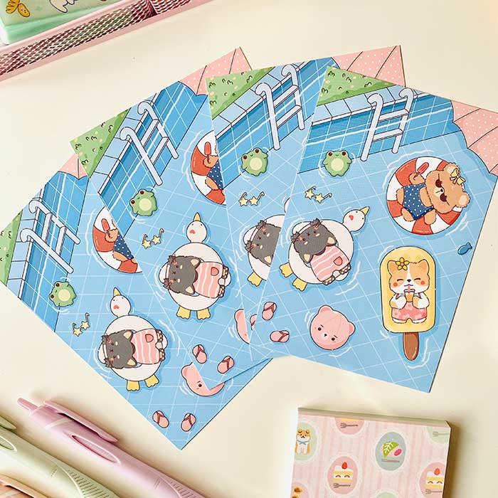 postal kawaii con diseño de de verano en la piscina, ilustración original de papelería bonita