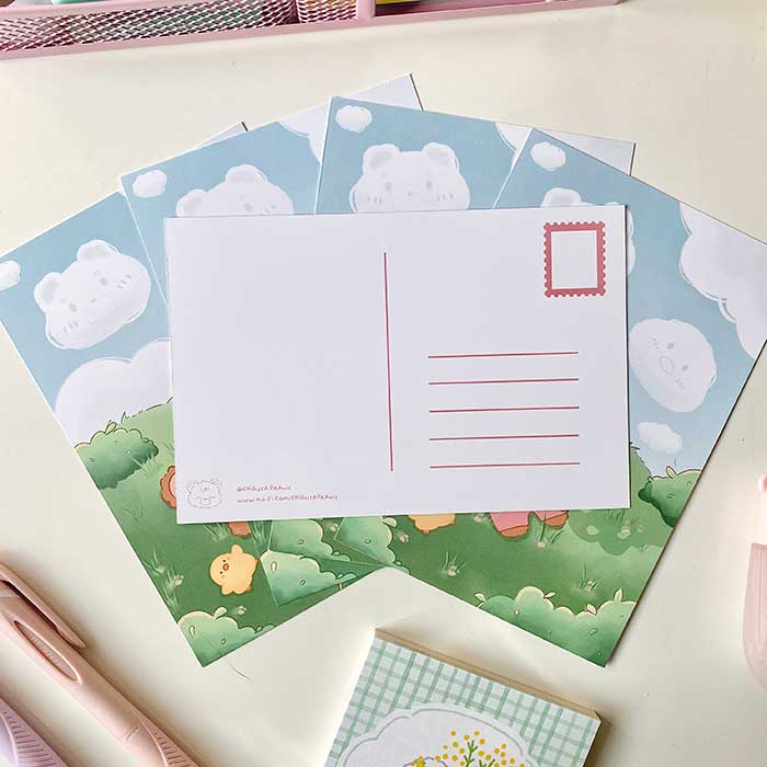 postal kawaii con diseño de primavera en el campo, ilustración original de papelería bonita