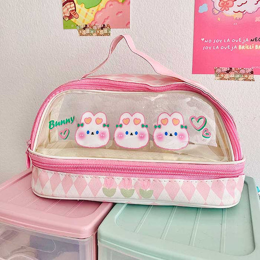 estuche escolar grande kawaii para lapices, transparente y con compartimentos