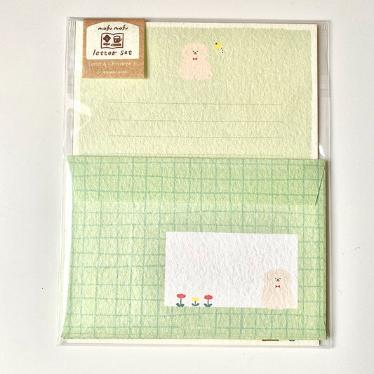 set de cartas y sobres con textura de papeleria japonesa con perrito