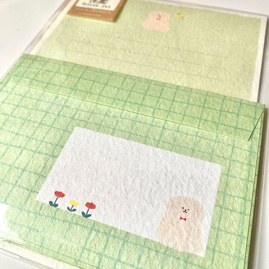 set de cartas y sobres con textura de papeleria japonesa con perrito
