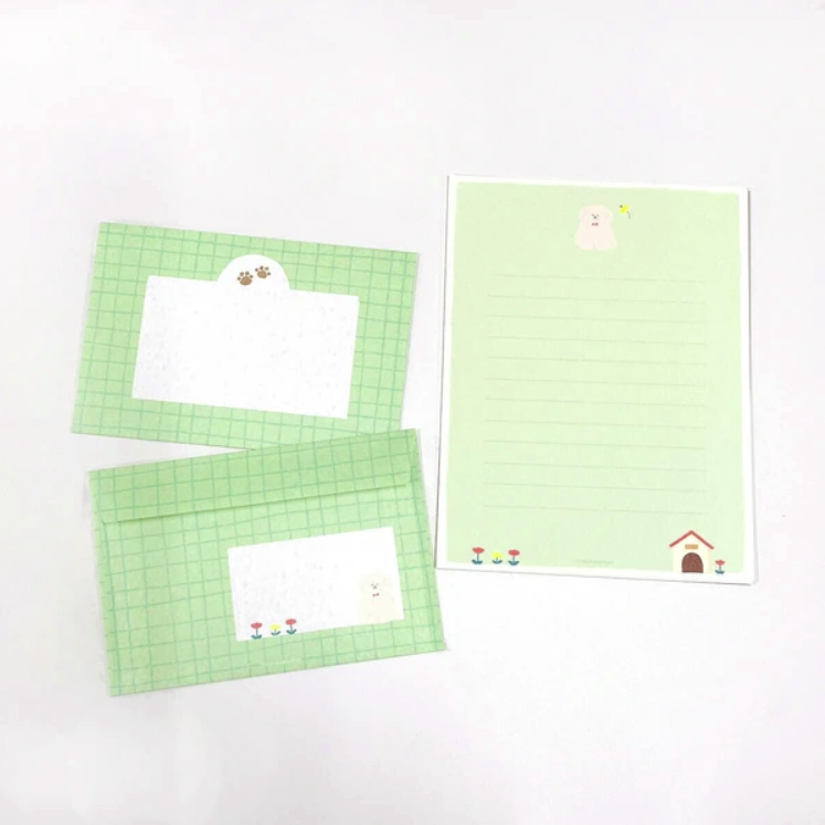 set de cartas y sobres con textura de papeleria japonesa con perrito