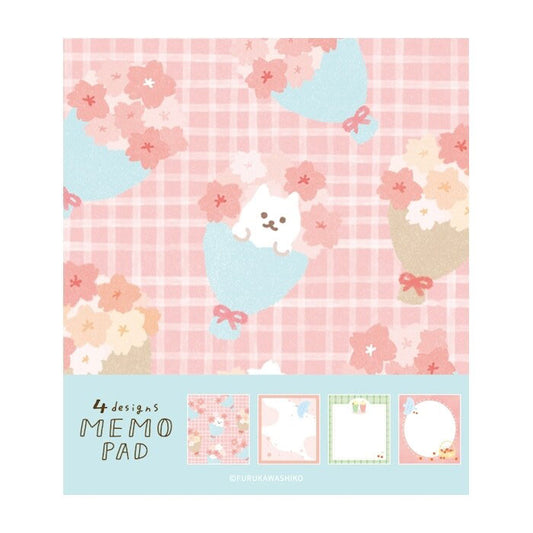 bloc de notas de papelería japonesa con diferentes diseños de perros y gato en primavera, con flores de sakura, mimosa y dulces