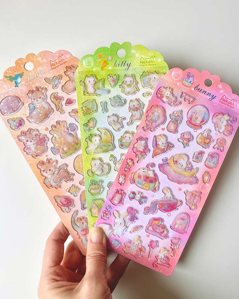 hoja de pegatinas brillantes con relieve para agendas y libretas, con diseños de animales kawaii