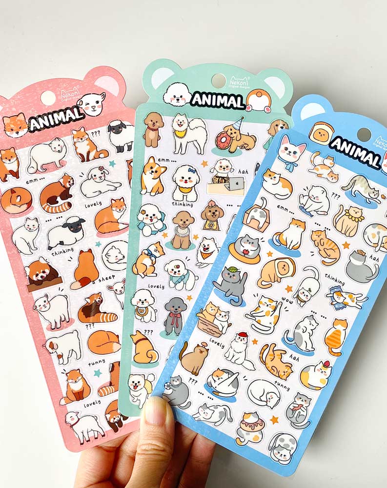 hoja de pegatinas de animales resistentes al agua para agendas y libretas, con diseños de kawaii