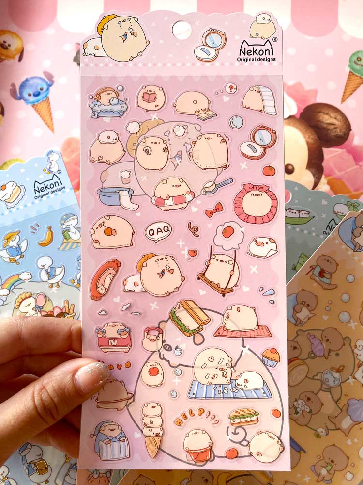 hoja de pegatinas de animales y colores para agendas y libretas, con diseños kawaii