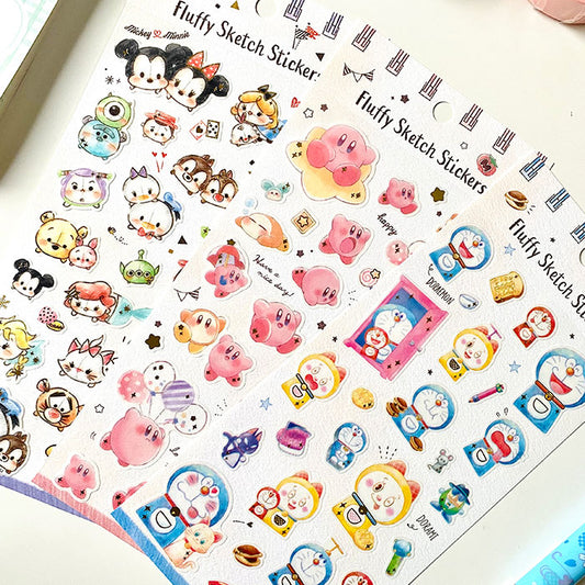 pegatinas oficiales japonesas estilo boceto kawaii con personajes de disney tsumtsum, kirby y doraemon