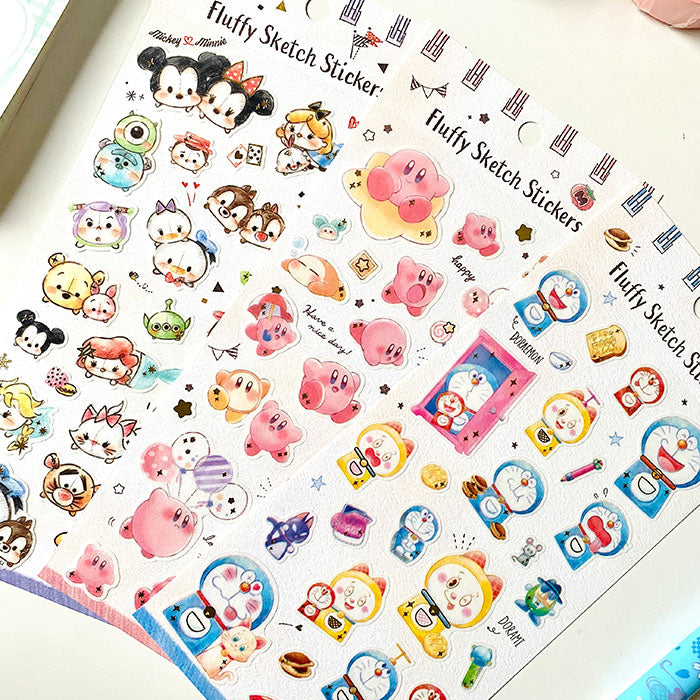 pegatinas oficiales japonesas estilo boceto kawaii con personajes de disney tsumtsum, kirby y doraemon