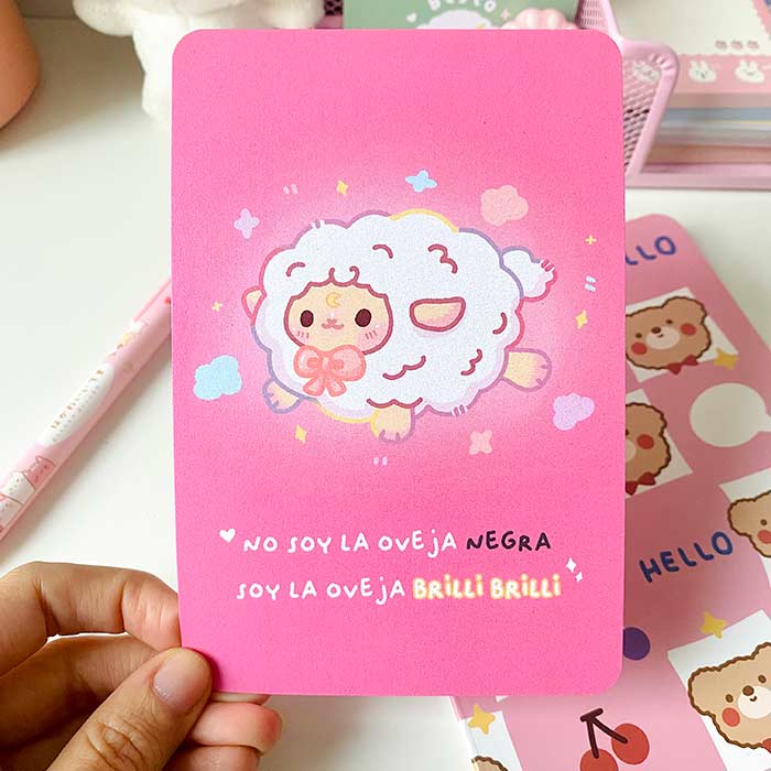 postal ilustrada estilo kawaii efecto nacarado