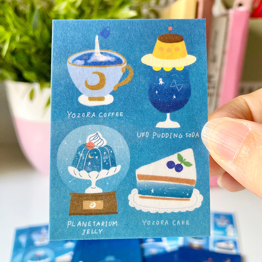 set decorativo de pegatinas en tonos azules de un oso y su cafeteria