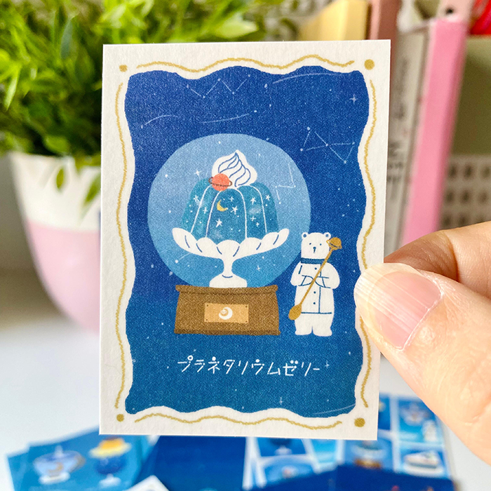set decorativo de pegatinas en tonos azules de un oso y su cafeteria