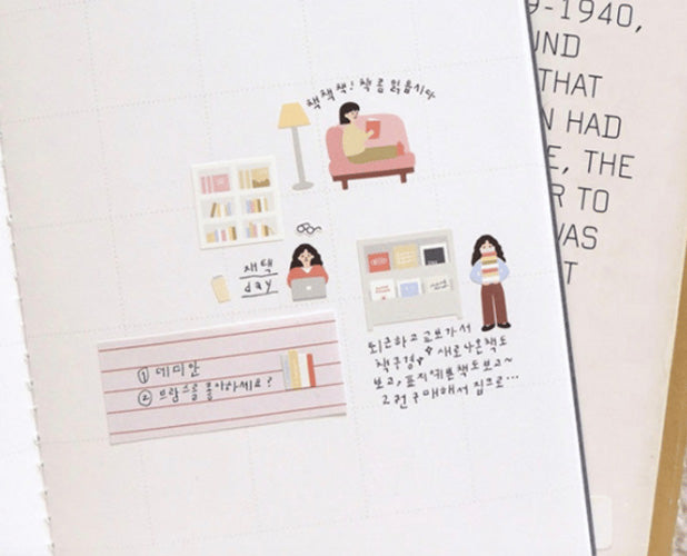 pegatinas coreanas estilo cozy y aesthetic de una chica en una biblioteca para agenda y bullet journal