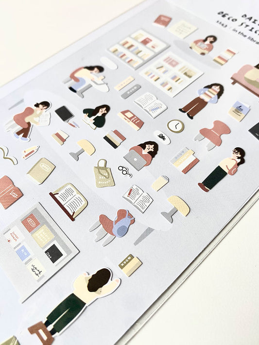 pegatinas coreanas estilo cozy y aesthetic de una chica en una biblioteca para agenda y bullet journal