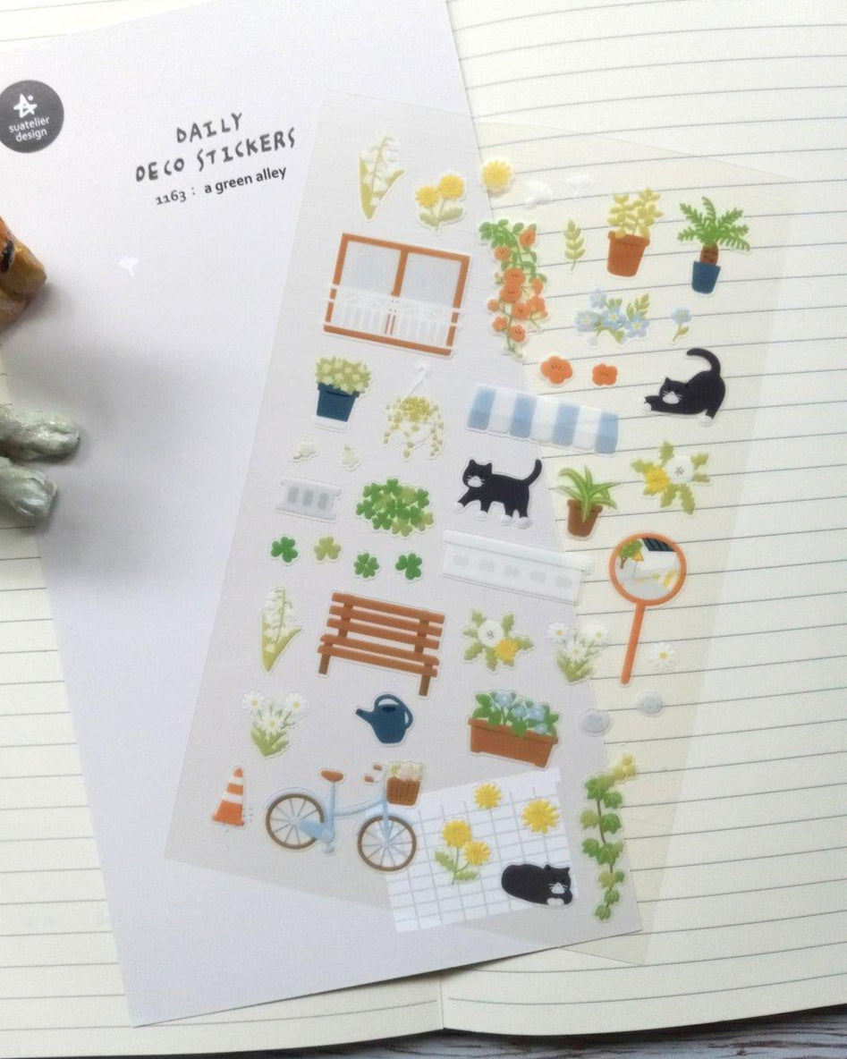 pegatinas coreanas de gatos y naturaleza de jardin inspirado en primavera para agenda y decorar el bullet journal