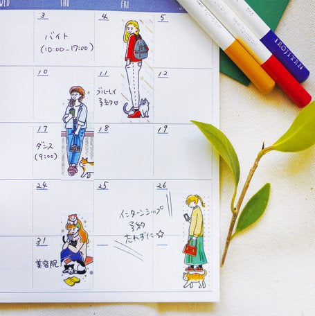 washi tape japonés de alta calidad estilo vertical, co ilustraciones de chicas aesthetic con gatos