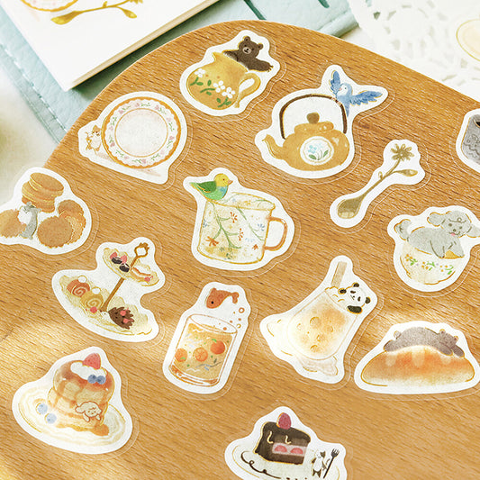 pegatinas japonesas bonitas con temática de cafetería y animales kawaii y material de papel washi con detalles de foil dorado brillante