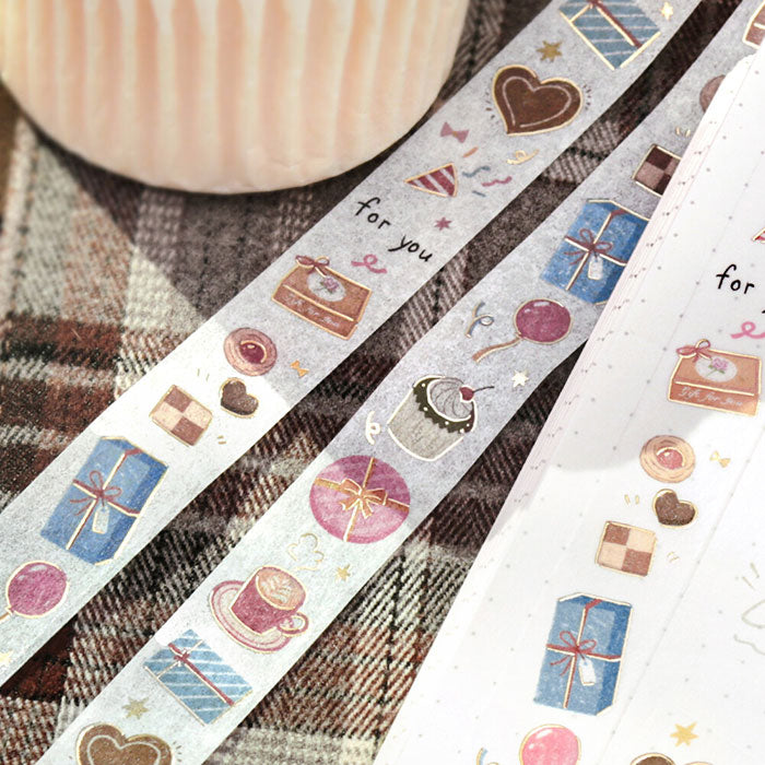 washi tape japonés de dulces, postres y galletas con detalles dorados, cinta decorativa japonesa
