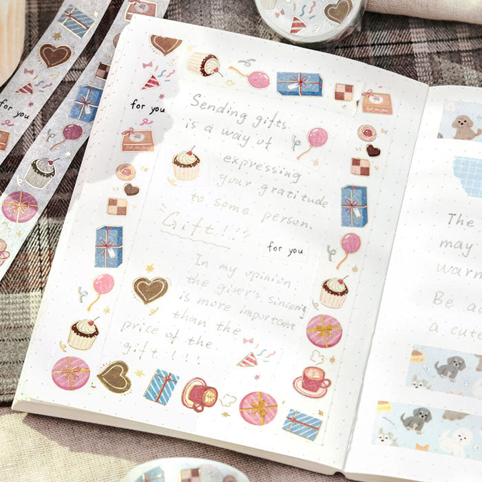 washi tape japonés de dulces, postres y galletas con detalles dorados, cinta decorativa japonesa