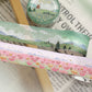 washi tape de japón con ilustración de primavera, campo verde con flores y molinillo de viento