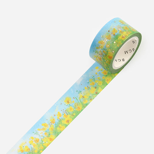 washi tape japonés primaveral y floral con flores amarillas y foil dorado