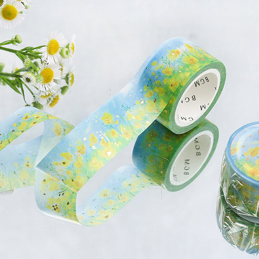 washi tape japonés primaveral y floral con flores amarillas y foil dorado