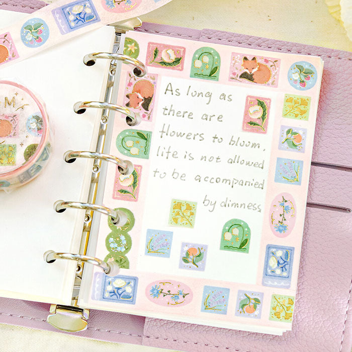 washi tape japonés estilo floral con animales y detalles dorados brillantes