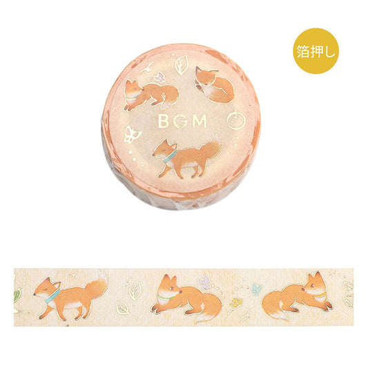 washi tape japonés de color naranja con zorros estilo otoño, con detalles dorados