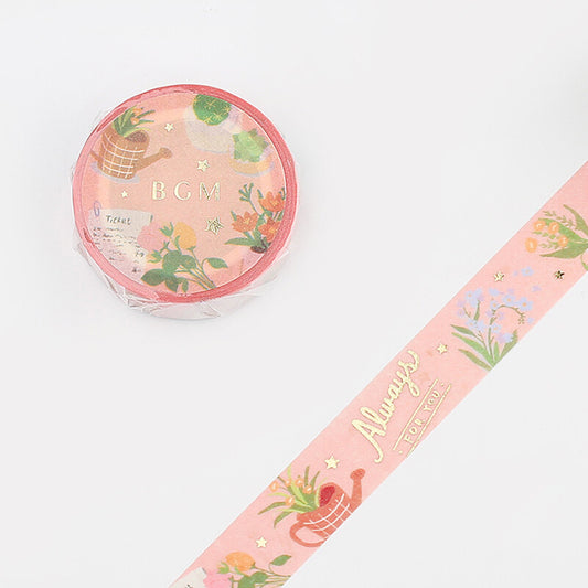 washi tape japonés de jardín con flores y plantas, fondo rosa y con foil dorado