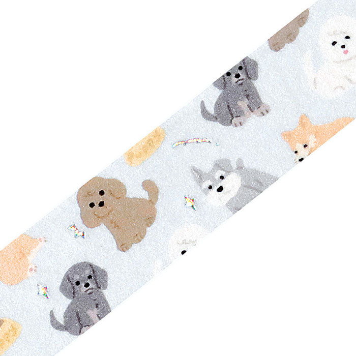 washi tape japonés azul de perritos y detalles plateados, cinta decorativa japonesa