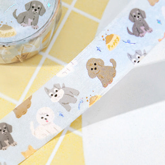 washi tape japonés azul de perritos y detalles plateados, cinta decorativa japonesa