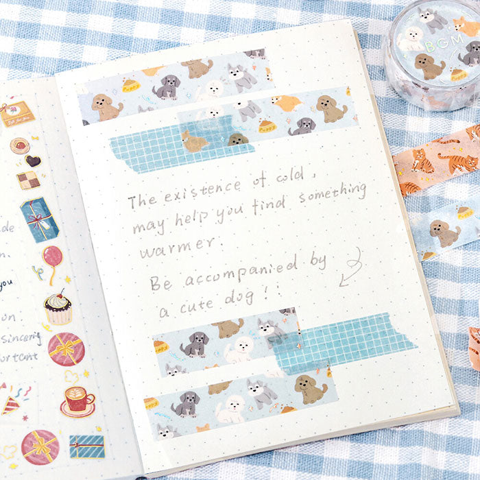 washi tape japonés azul de perritos y detalles plateados, cinta decorativa japonesa