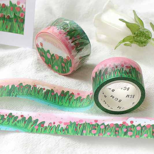 washi tape de japón con diseño floral de tulipanes rojos y rosas en un lago, con foil dorado