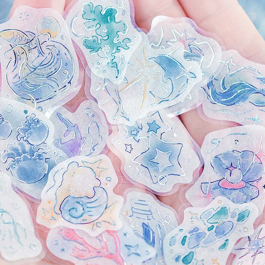 pegatinas japonesas de papel washi y buena calidad, con diseño marino y sirenas, detalles brillantes con foil plateado